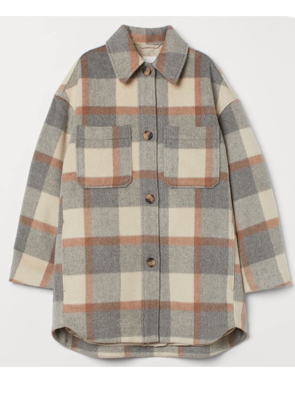 HM Plaid Button Up Shacket Grey Brown Cream XXL